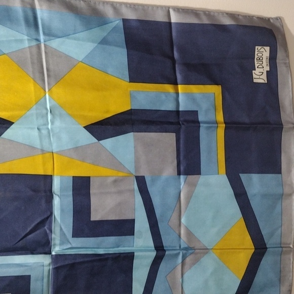 J.D. Dubois Silk Scarf 30x30 – Luxe Geometric Blue & Gold Tie Style Accessory - Picture 10 of 14